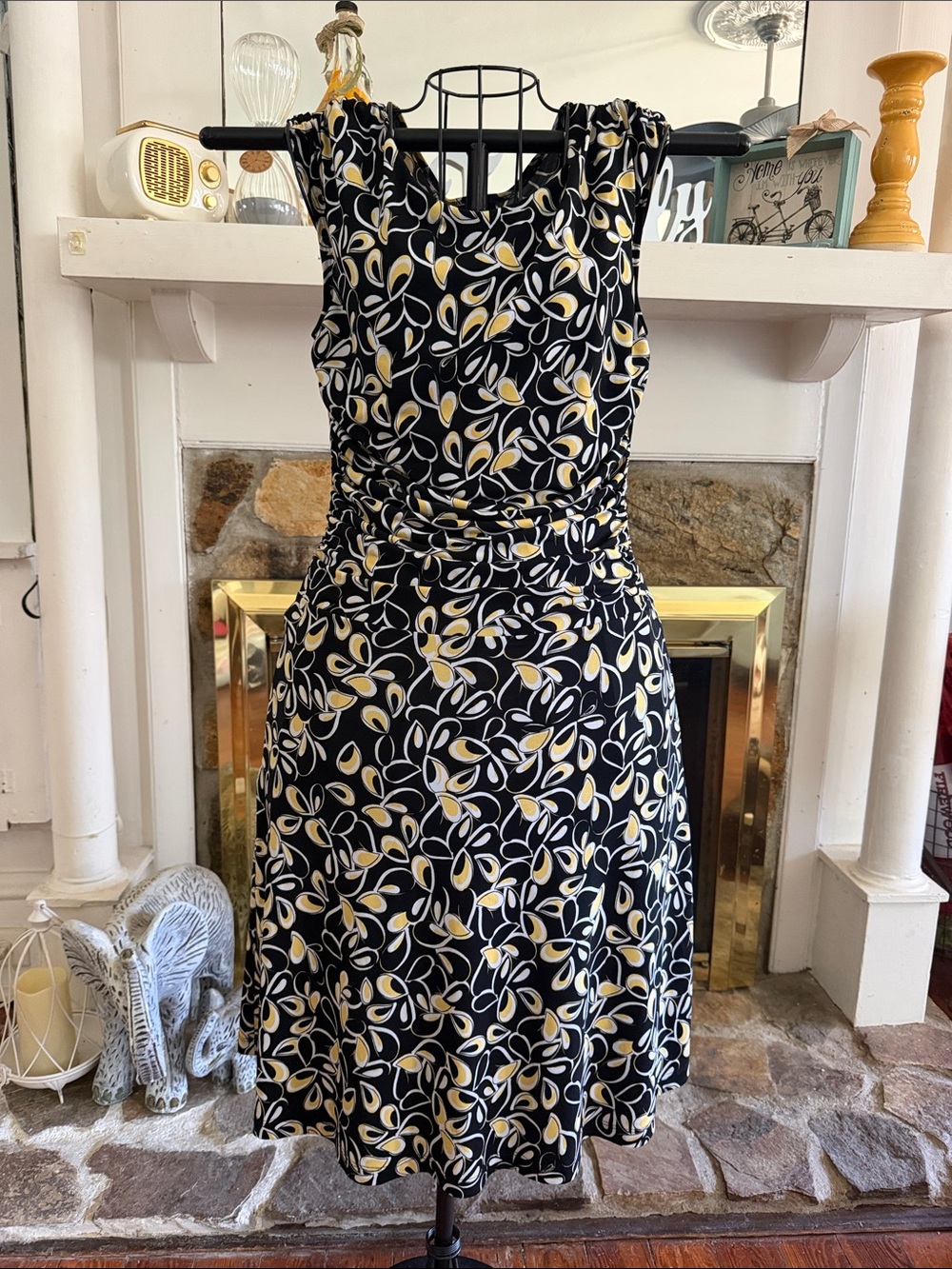 Enfocus Studio Black Midi Dress with Yellow & White Leaf Print